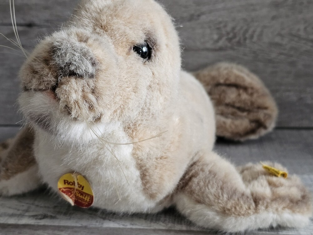 Steiff Plush Robby Seal Brown White Stuffed Animal Toy Germany 12" Lg 1175/20